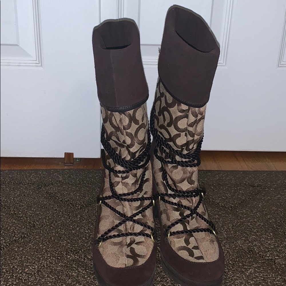 Coach canvas and suede signature wedge boot